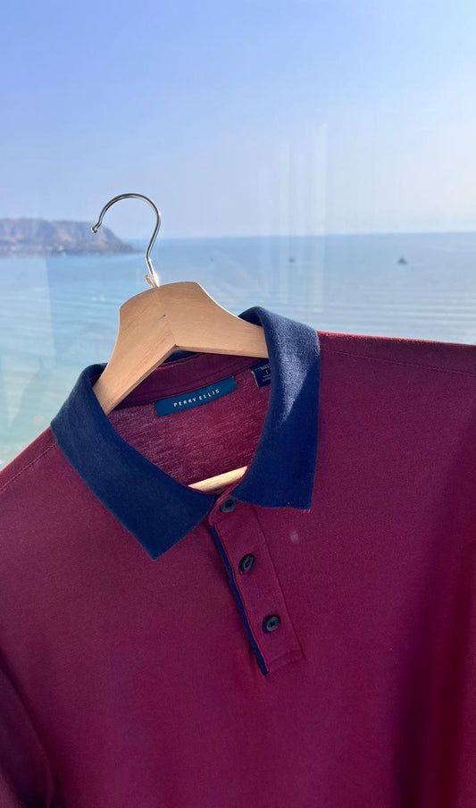 Polo Ralph Lauren hombre, granate, cuello azul, venta online. Ropa de marca Ralph Lauren, Lima Perú
